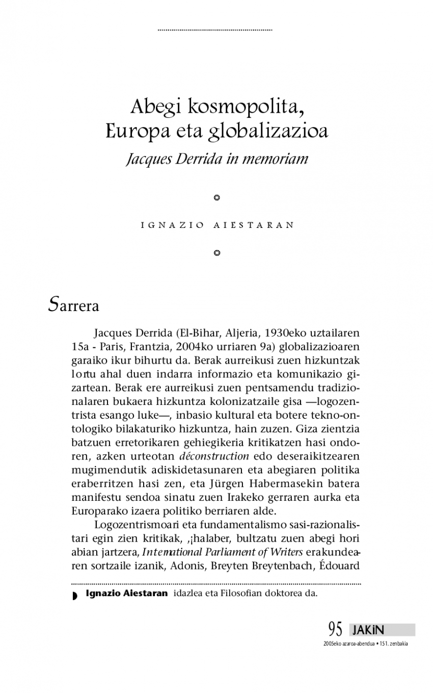 Abegi kosmopolita, Europa eta globalizazioa. Jacques Derrida in memoriam