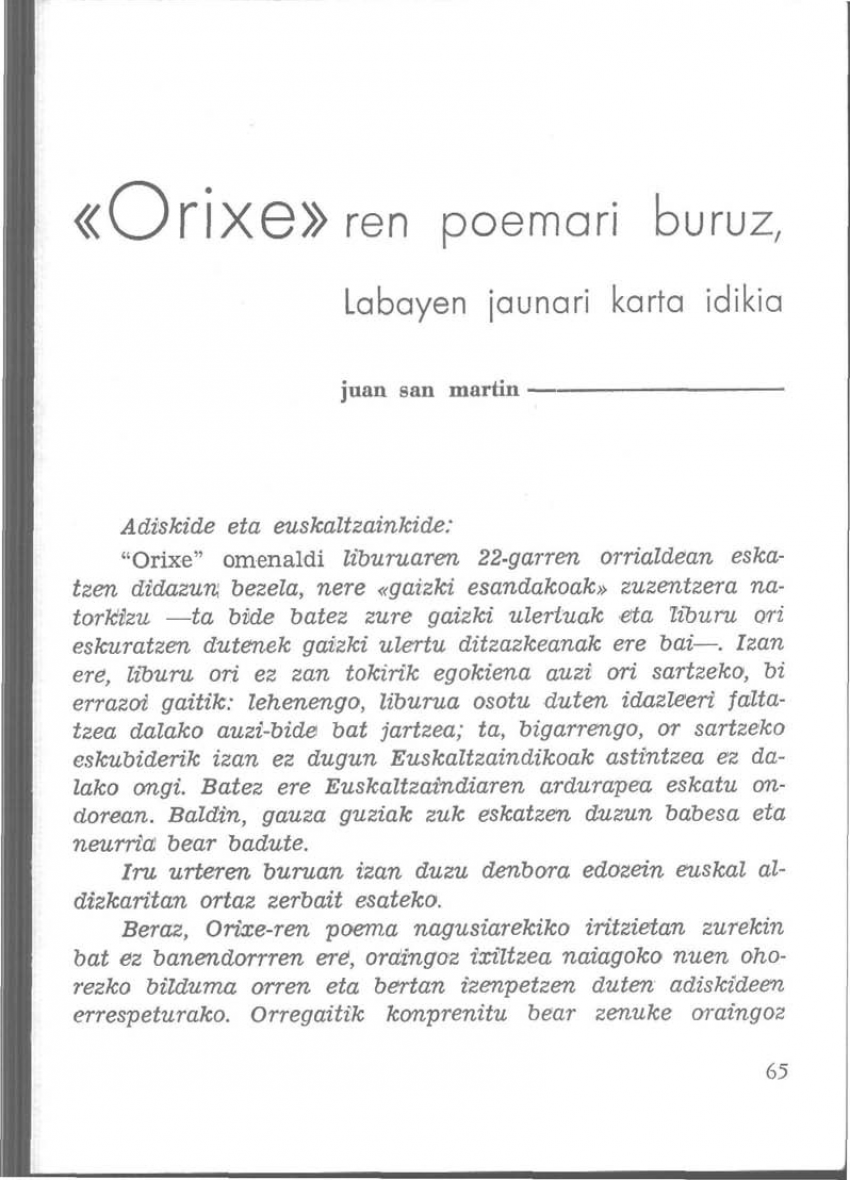 «Orixe»ren poemari buruz. Labayen Jaunari karta idikia