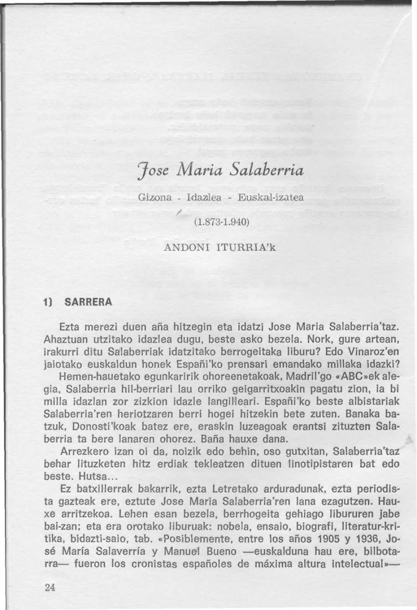 Jose Maria Salaberria. Gizona - Idazlea - Euskal-izatea (1873-1940)
