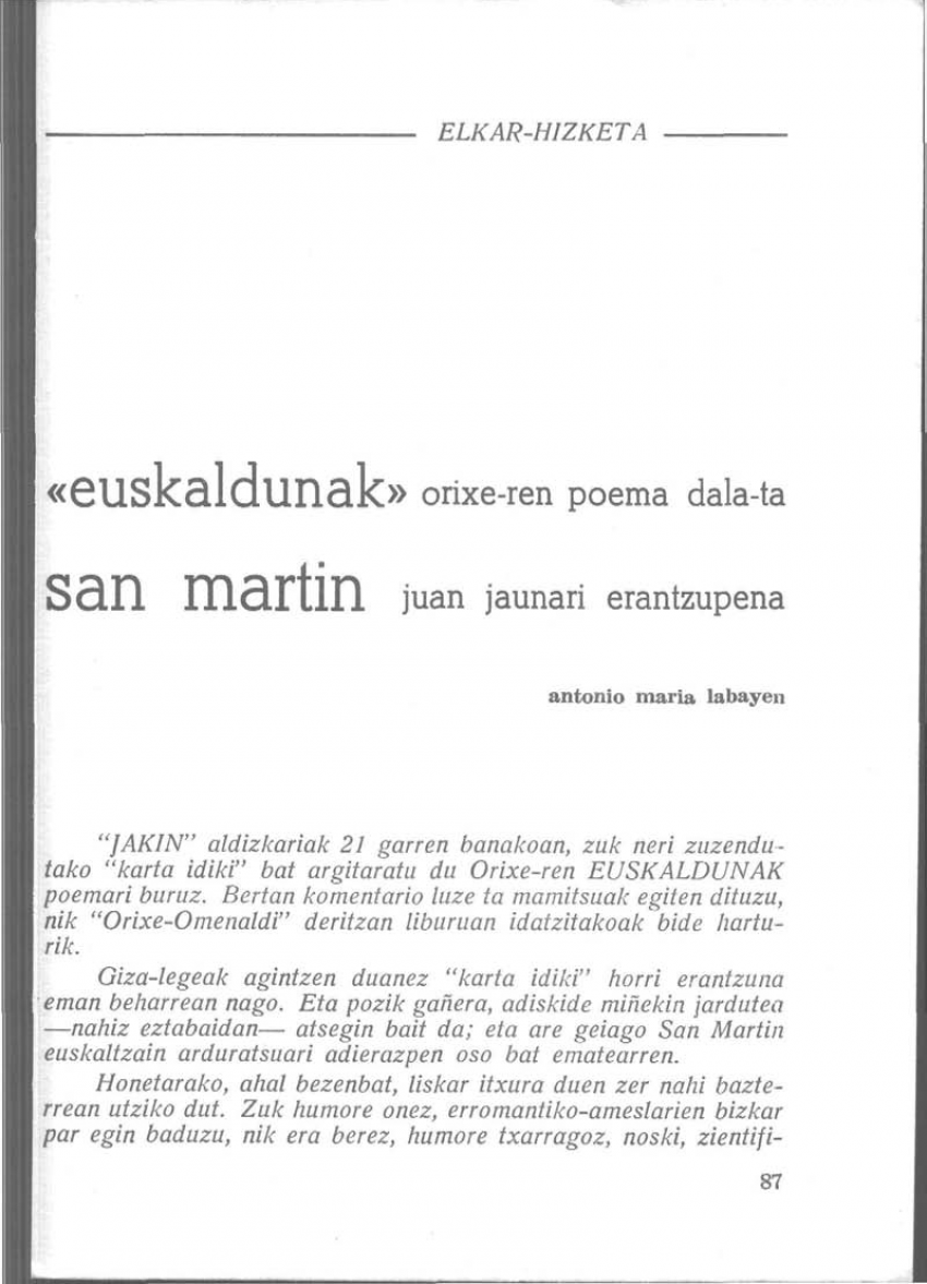 «Euskaldunak» Orixe-ren poema dala-ta Juan San Martin Jaunari erantzupena