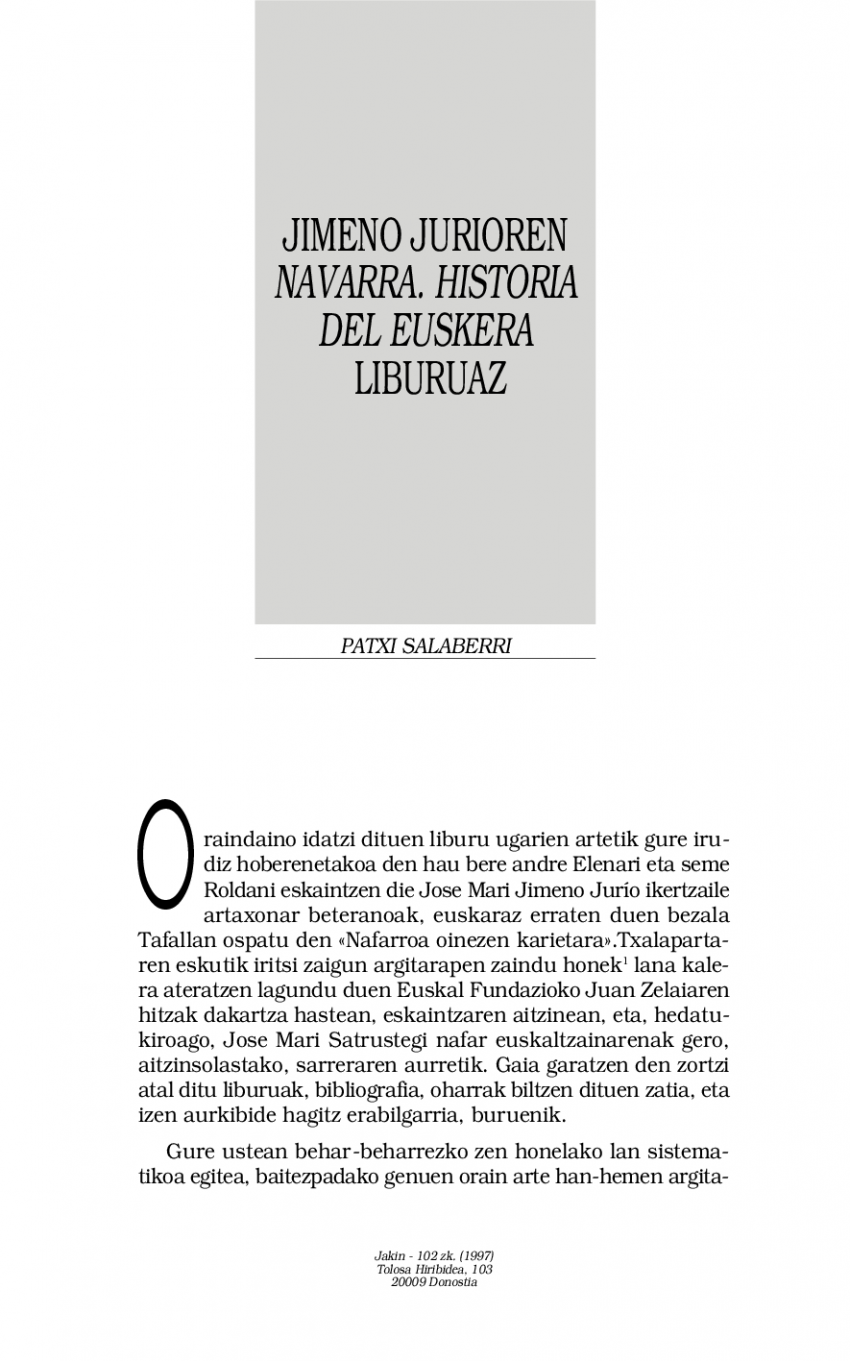 Jimeno Jurioren «Navarra. Historia del euskera» liburuaz