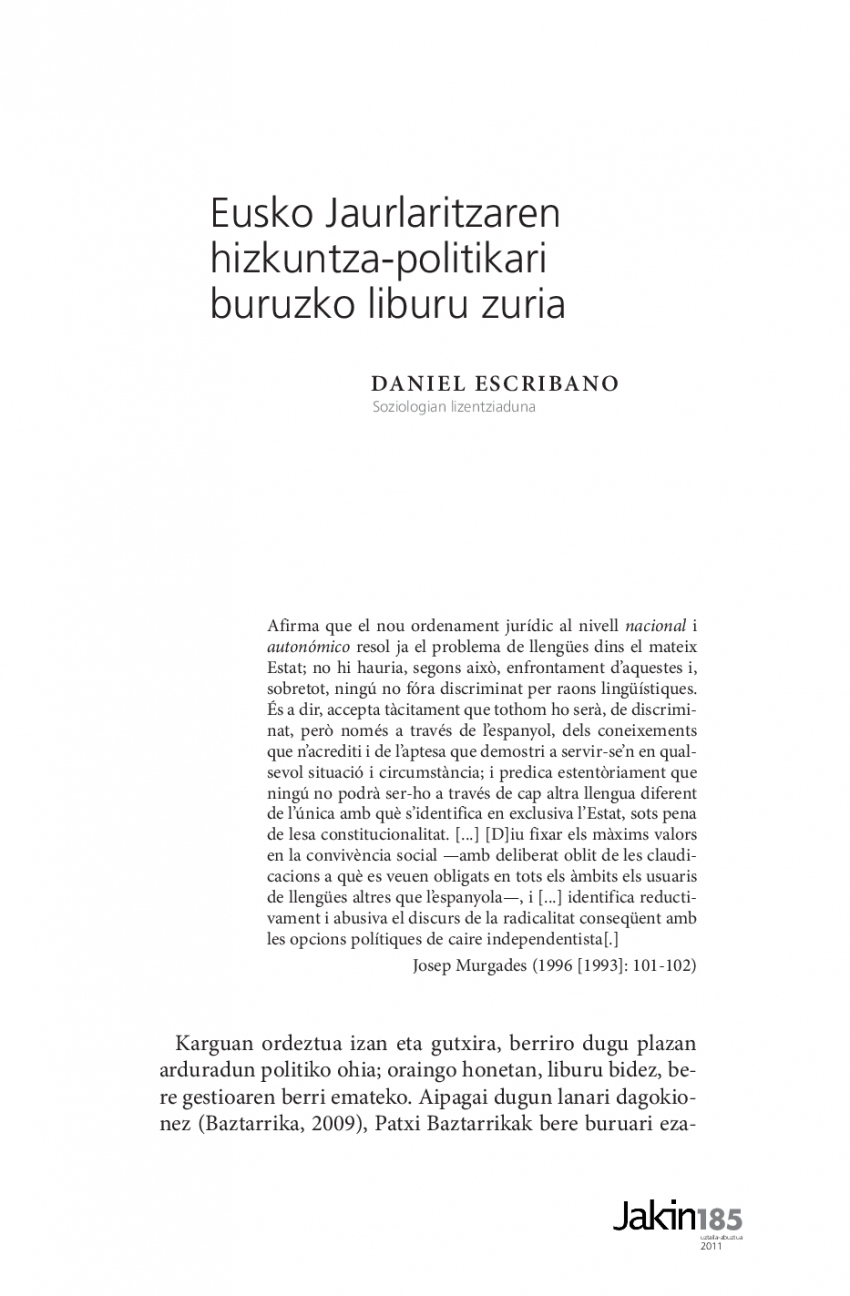 Eusko Jaurlaritzaren hizkuntza-politikari buruzko liburua zuria