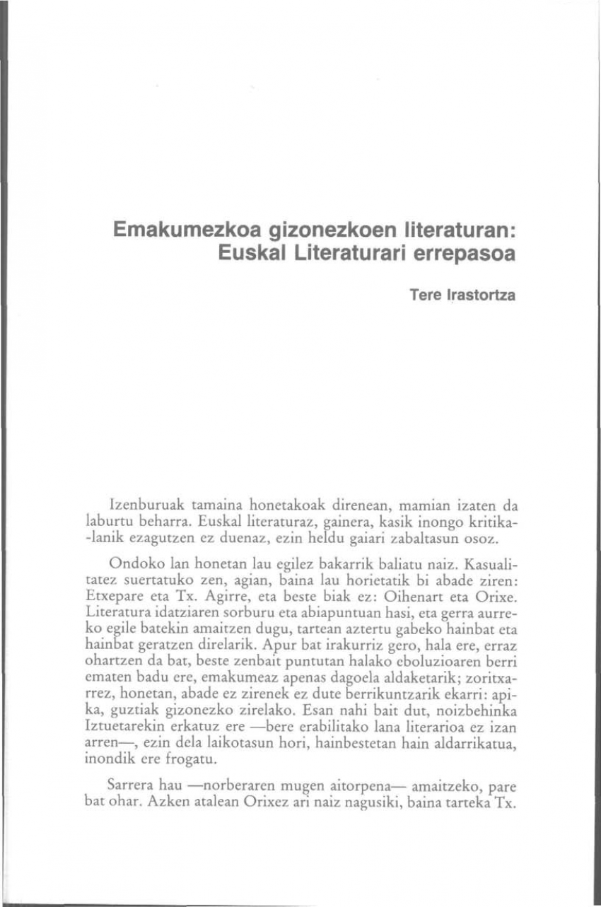 Emakumezkoa gizonezkoen literaturan: Euskal Literaturari errepasoa
