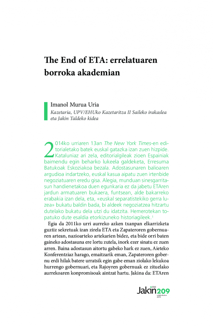 The End of ETA: errelatuaren borroka akademian