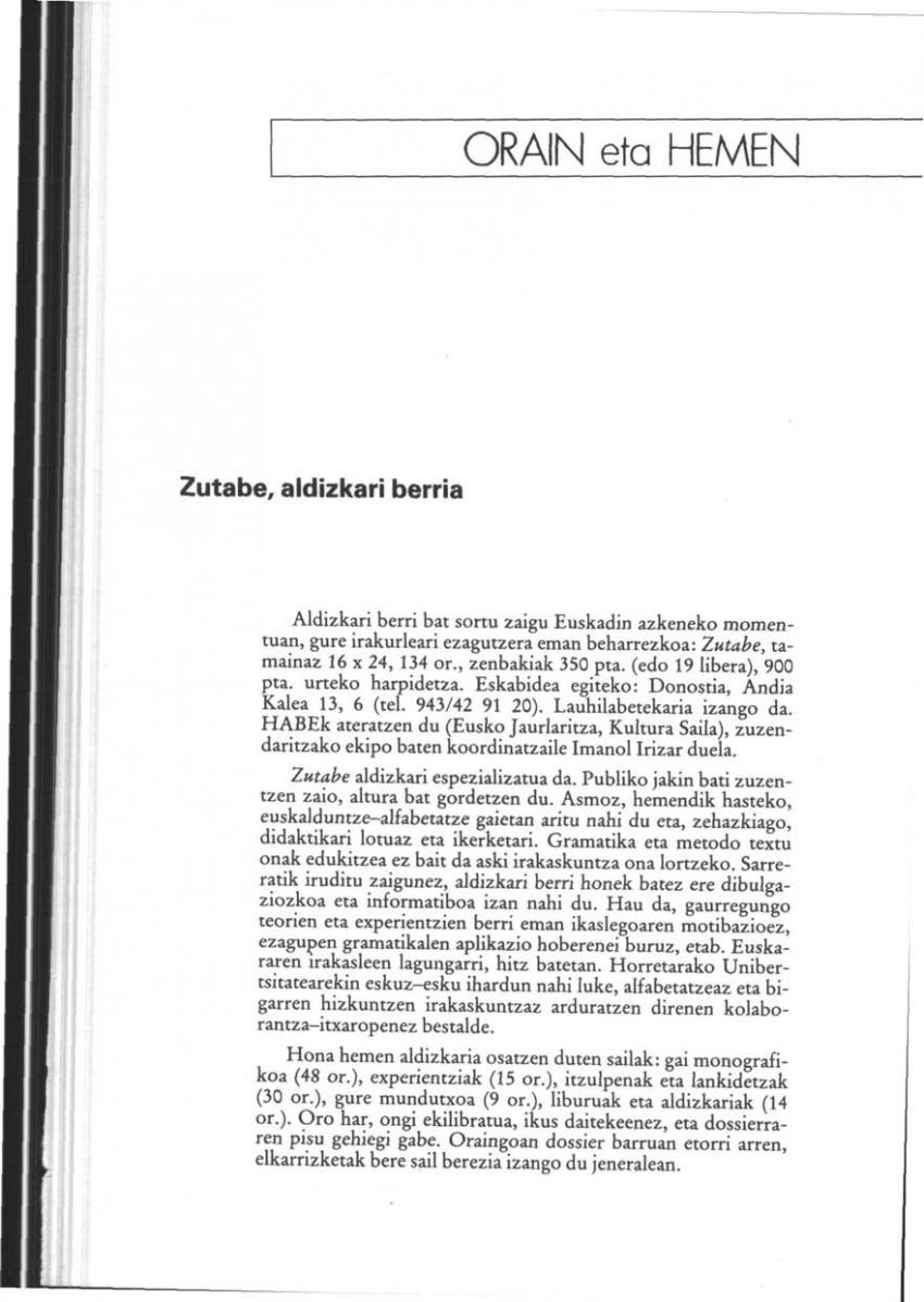 «Zutabe», aldizkari berria (Orain eta Hemen)