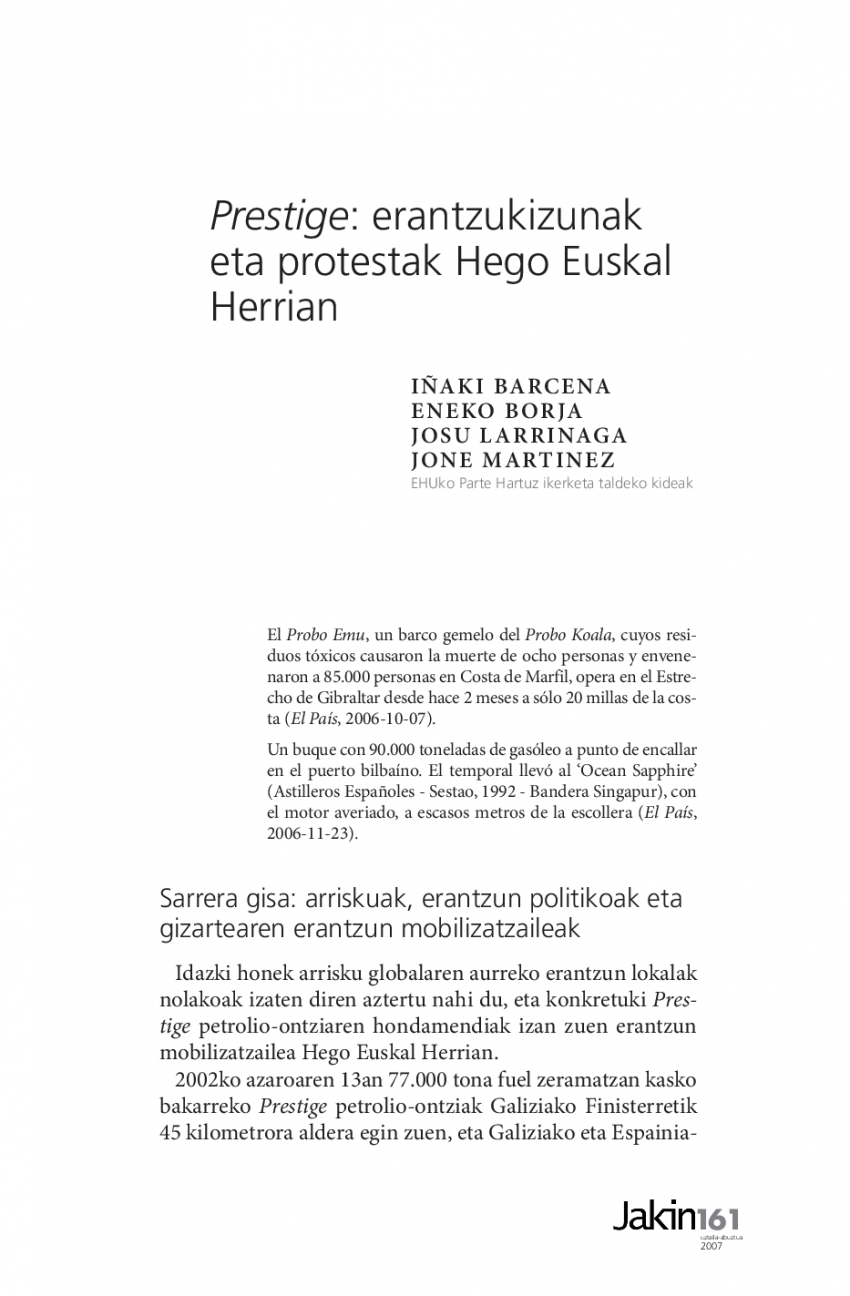 Prestige: erantzukizunak eta protestak Hego Euskal Herrian