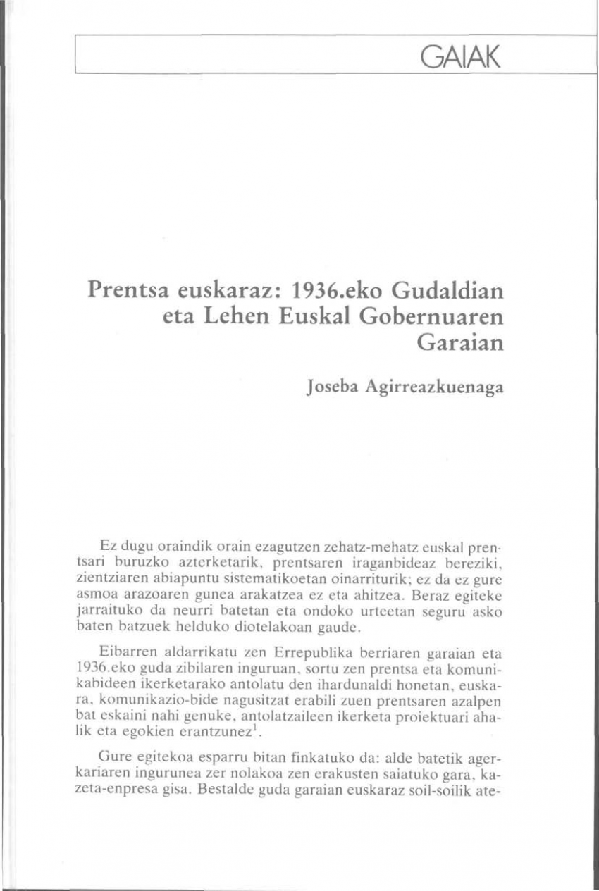 Prentsa euskaraz: 1936.eko Gudaldian eta Lehen Euskal Gobernuaren Garaian