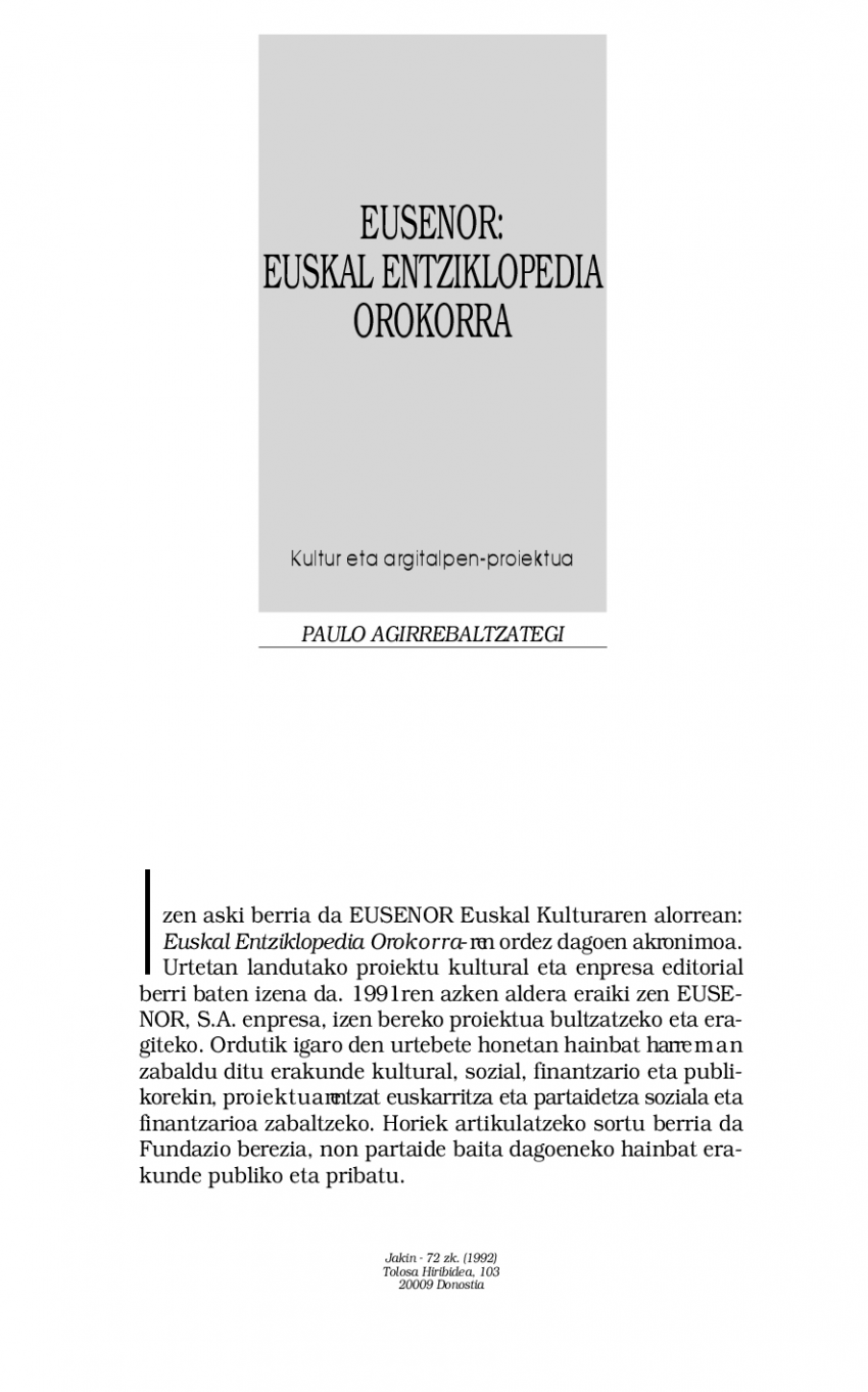 Eusenor: Euskal Entziklopedia Orokorra. Kultur eta argitalpen-proiektua