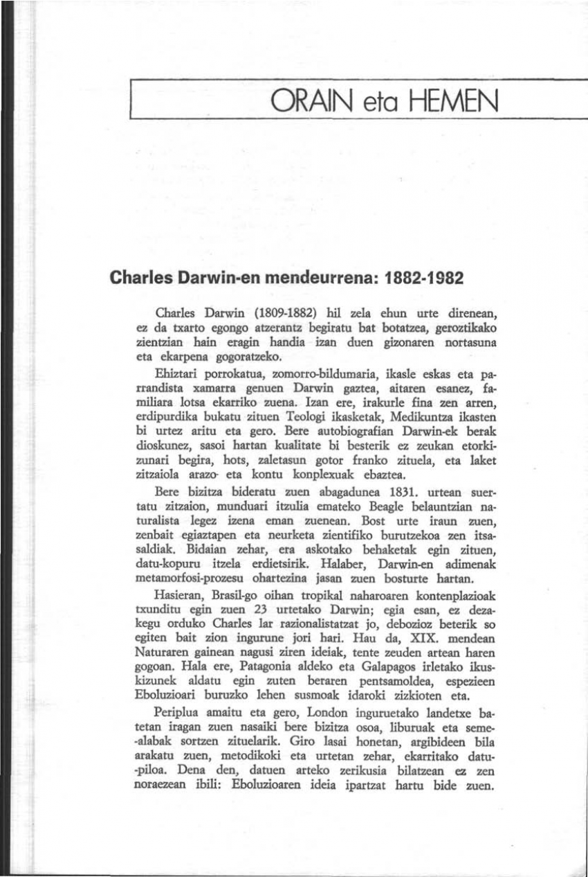Charles Darwin-en mendeurrena: 1882-1982 (Orain eta Hemen)
