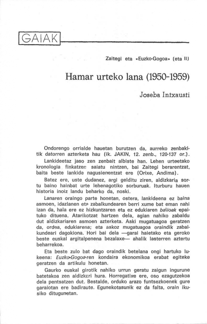 Zaitegi eta «Euzko Gogoa» (eta II). Hamar urteko lana (1950-1959)