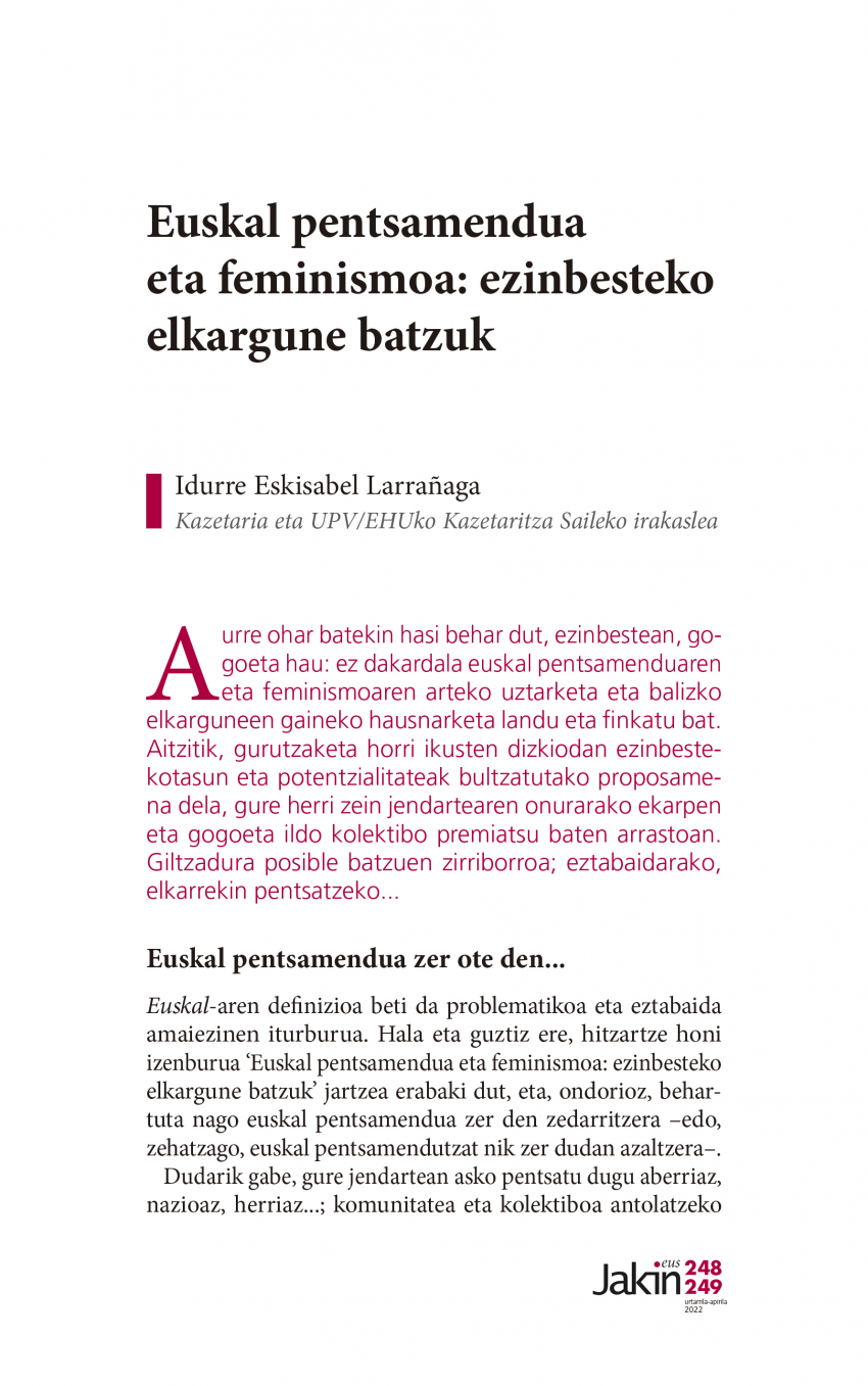 Euskal pentsamendua eta feminismoa: ezinbesteko elkargune batzuk