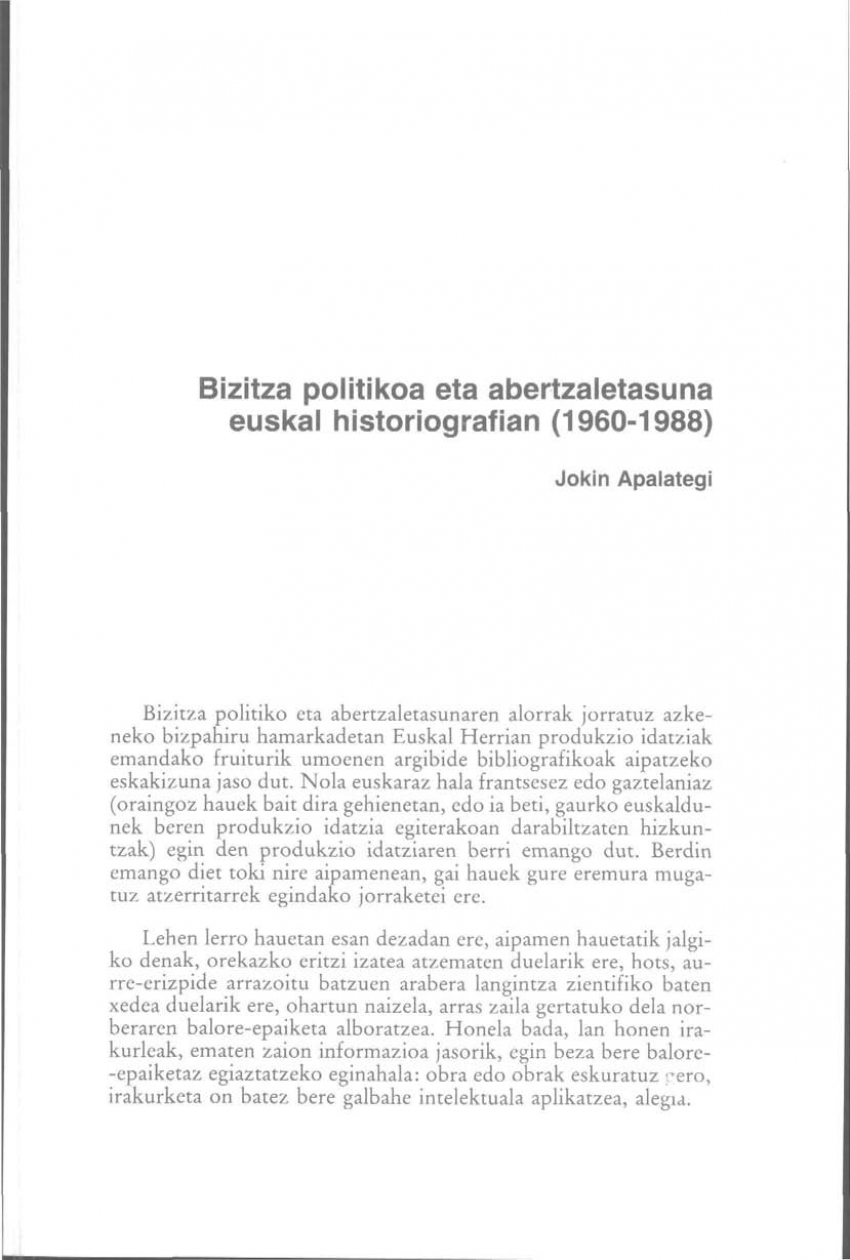 Bizitza politikoa eta abertzaletasuna euskal historiografian (1960-1988)
