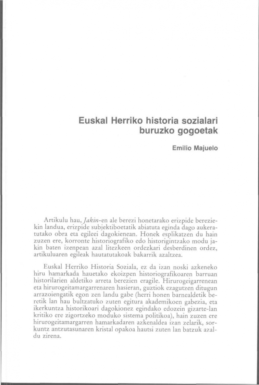 Euskal Herriko historia sozialari buruzko gogoetak